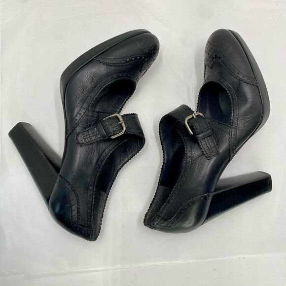 Stuart Weitzman Wing Tip Paltform Pump Black Leather Women 9 Vintage Style Heel - Picture 5 of 12